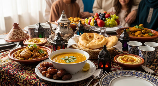 Abundant Iftar table laden with traditional dishes, soup, bread, dates, hummus, chicken, fruits, tea, family gathering, Ramadan celebration