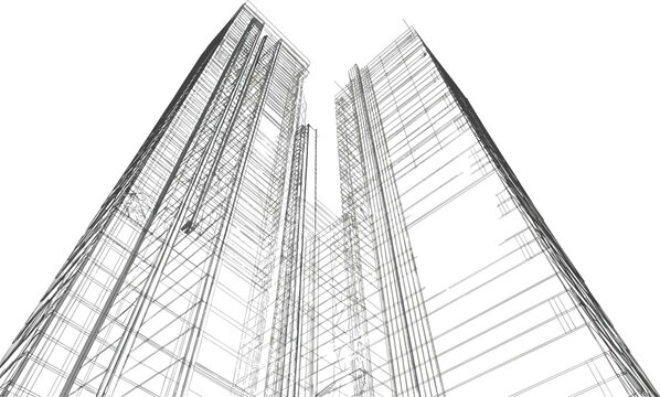 Modern skyscraper building wireframe architectural construction, urban city skyline blueprint, high-rise tower vector illustration