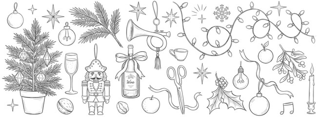 Obraz premium Christmas Holiday Hand Drawn Element Set with Nutcracker Christmas Tree Champagne and Decorations Minimalist Line Art Vector Illustration