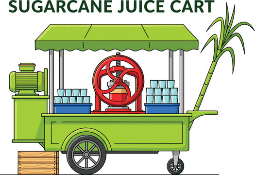 Flat vector illustration of a traditional Indian sugarcane juice cart with a green canopy, crushing machine, drinking glasses, and raw sugarcane stalks included.