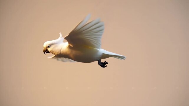 Majestic white cockatoo bird soaring gracefully across a softly lit, muted background during early morning flight or sunset hours.