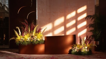 Large room with a brown table and two flower arrangements