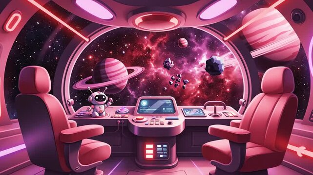 cute pink and red space station space ship interior with view of planets & nebula manga neon for obs livestream overlays animated seamless loop. 4k resolution video 30fps.