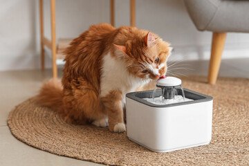 Cute ginger cat drinking water from automatic pet fountain on floor at home © Pixel-Shot