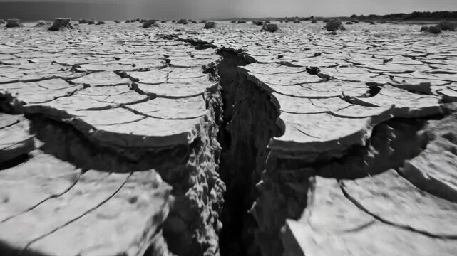 Dramatic slow motion of dry, cracked earth with geological formations and a long, deep fissure under a monotone sky