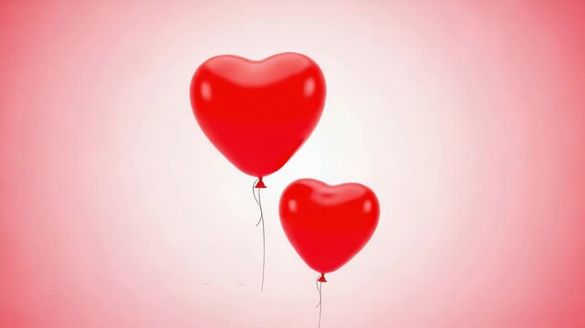 Two shiny red heart shaped balloons on pink gradient background