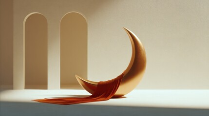 Gold and red crescent moon is sitting on a bed of red fabric