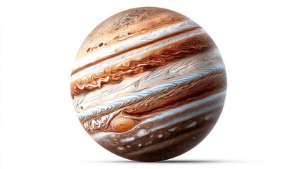 Detailed view of Jupiter's swirling clouds and atmospheric bands against a clean white background
