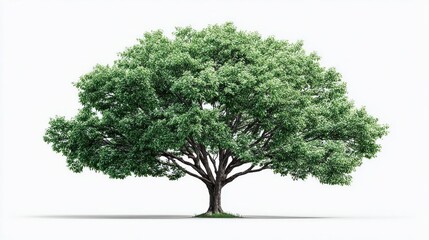 Obraz premium A large, mature deciduous tree with lush green foliage stands isolated against a clean white background