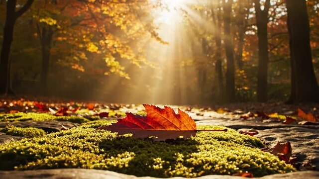 Sunlight streams through the autumn forest, falling on a single maple leaf lying on moss and forest floor