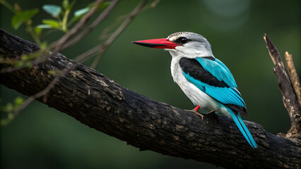 Vibrant Woodland Kingfisher Bird Perched on Branch in Lush Green Forest