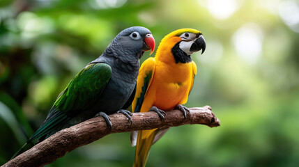 Obraz premium Pair of colorful macaws perched on a branch, observing their rainforest habitat, symbolizing wildlife preservation, natural beauty, and tropical biodiversity.. World Wildlife Day