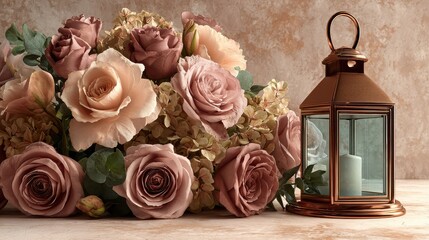 Bouquet of flowers and a lantern sit on a table