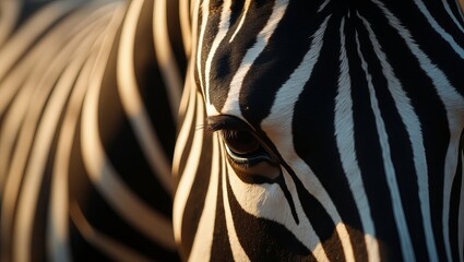 Extreme close up macro photograph capturing the intense gaze and detailed black and white striped fur pattern of a striking zebra eye during golden hour lighting.