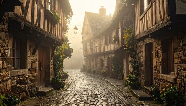 Medieval stone village street with timber-framed cottages and cobblestone path in morning fog. Semi-realistic scene emphasizing mystery, history, and atmospheric calm.
