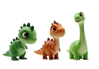 Fototapeta premium Three cute cartoon dinosaur figurines isolated on transparent background