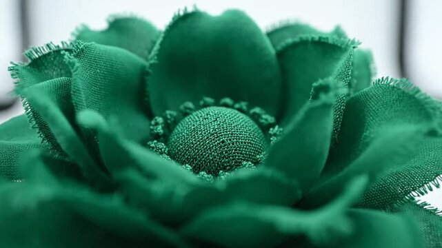 Close up view of handcrafted green fabric flower with frayed edges on white background