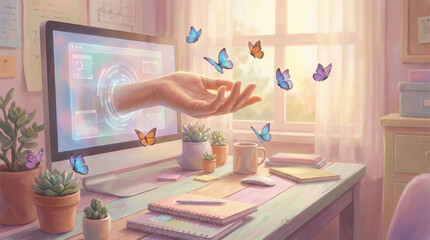 Digital Hand in Whimsical Workplace: A surreal scene unfolds with a hand reaching from a computer screen, releasing colorful butterflies into a sunlit room, desk adorned with plant and books.