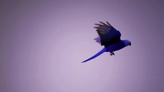 Vivid royal blue parrot with fully spread wings captured mid-flight against a soft lavender monochromatic background evoking freedom and solitude in nature.