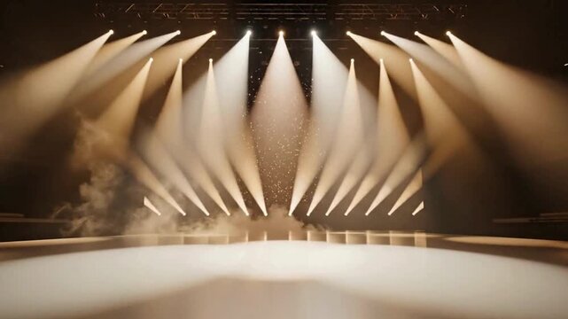 Dynamic stage lighting show with smoke and falling particles creating a magical atmosphere