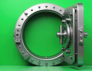 Obraz premium Metal bank vault door stands open on vibrant green background. Heavy steel safe mechanism shows secure access to wealth and finance. Safety and protection concept.