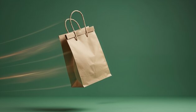 Brown paper shopping bag moves fast through air with motion blur effect on green background. Package delivery concept, quick commerce. Eco friendly shopping bag graphic.