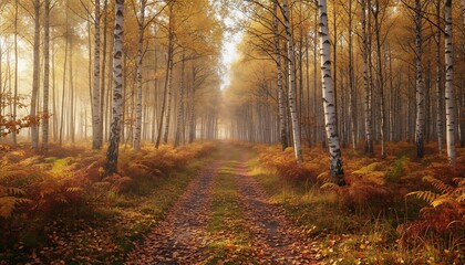 Obraz premium Path through a sunlit forest of tall, slender trees with autumn foliage