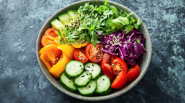Healthy food. budha bowl with quinoa, avocado, cucumber, salad, tomatoe, olive oil. Clean eating diet food