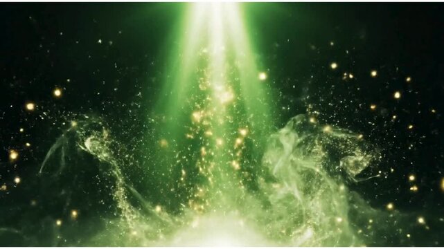 Green magic light beam with gold sparkles falling into thick white smoke clouds