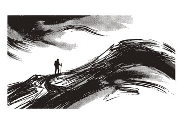 Fototapeta premium Lone Figure Landscape Semi-Sketch Halftone-Dramatic Abstract Terrain-Solitary Scene Black-White Single Illustration - Lone Figure