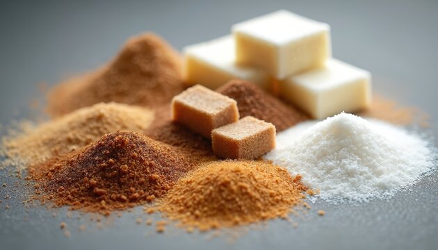 Various sugar types including white granulated cubes and brown powders are arranged on a dark surface. This assortment showcases different textures and colors of sweet granular ingredients.