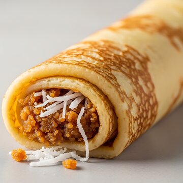 Close up of sweet crepe roll filled with grated coconut and jaggery on light grey surface