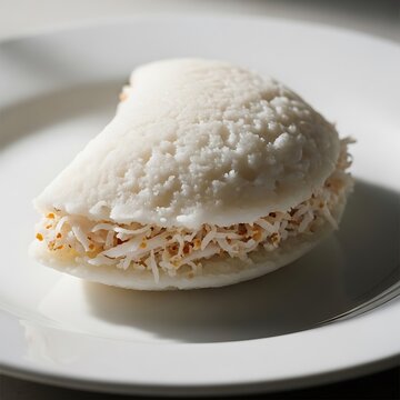 A close up shot of a white malabar parotta filled with coconut flakes on a white plate