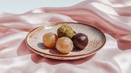 Plate of assorted candies sits on a pink background