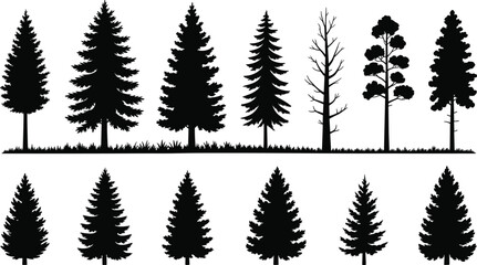 Tree silhouette vector illustration set, botanical plant designs with coniferous and deciduous shapes, decorative artwork, and natural ecosystem graphics © Mehebub Creatives