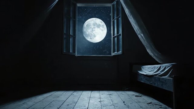 Empty bedroom with curtains blowing in wind and full moon outside window at night, horror atmosphere footage. 4k resolution video 30fps.