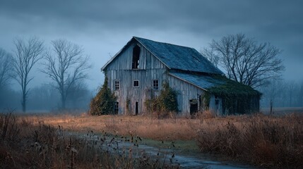 Haunting rural barn in foggy field under blue-gray twilight