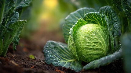 Fototapeta premium Healthy cabbage head at home garden bed with rich soil and lush leaves