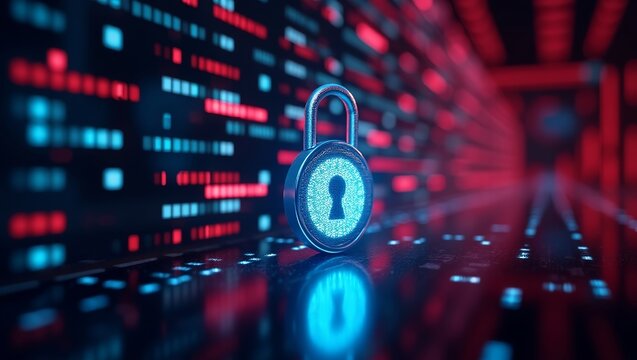 Conceptual digital security concept featuring a glowing cyber padlock symbolizing data protection, network encryption, access control, and secure system infrastructure against digital threats