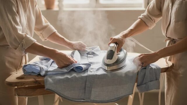 Medium shot focusing on artisans ironing light chambray shirts emphasizing the soft breathable fabric and everyday casual style under natural lighting.