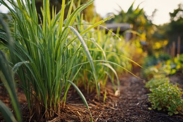 Herbal garden scene with lemongrass plantation, bright green stalks and leafy fronds