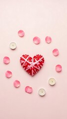 Fototapeta premium Decorative heart surrounded by petals and candles on a soft pink background