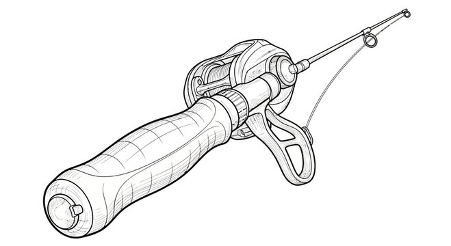 Fishing Rod Ice Fishing Rod with Reel - Detailed Line Drawing Illustration