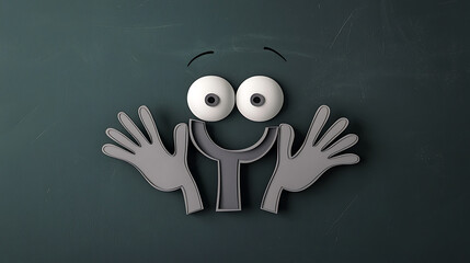 A cheerful 3D character with oversized eyes and outstretched hands stands against a dark green background, showcasing a friendly gesture and playful expression