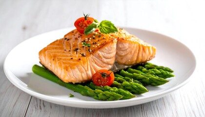 Perfectly cooked salmon fillet served atop asparagus spears, garnished with tomatoes