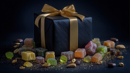 The candies are scattered around the box, creating a festive