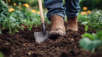 Fototapeta premium Gardener digging in the garden. Soil preparing for planting in spring.