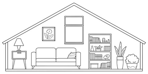 Attic living room graphic black white home interior sketch illustration vector 