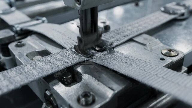 Medium shot of flat straps being precisely sewn onto machinery highlighting strong stitching techniques and material strength in industrial applications.