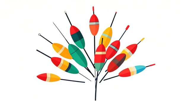 A collection of stylized, colorful fishing bobbers on a white background
